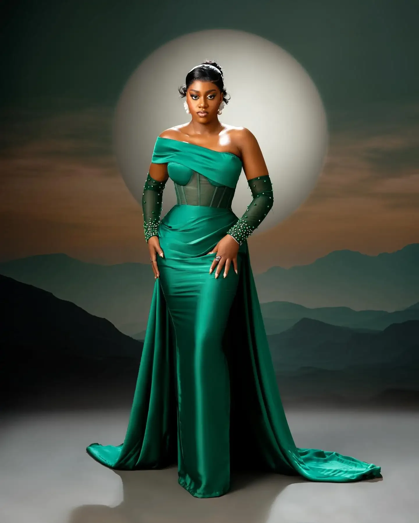 Robe de bal sirène en Satin vert émeraude, élégante, Style sud-africain, épaules dénudées, perlée sur la manche avec traîne