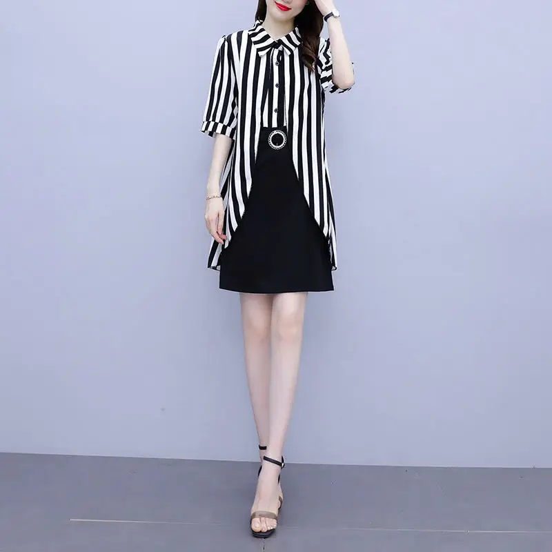 Fashion Female Striped Spliced Fake Two Pieces Midi Dress Casual Summer Chiffon Straight Belt Polo-Neck Single-breasted Dresses