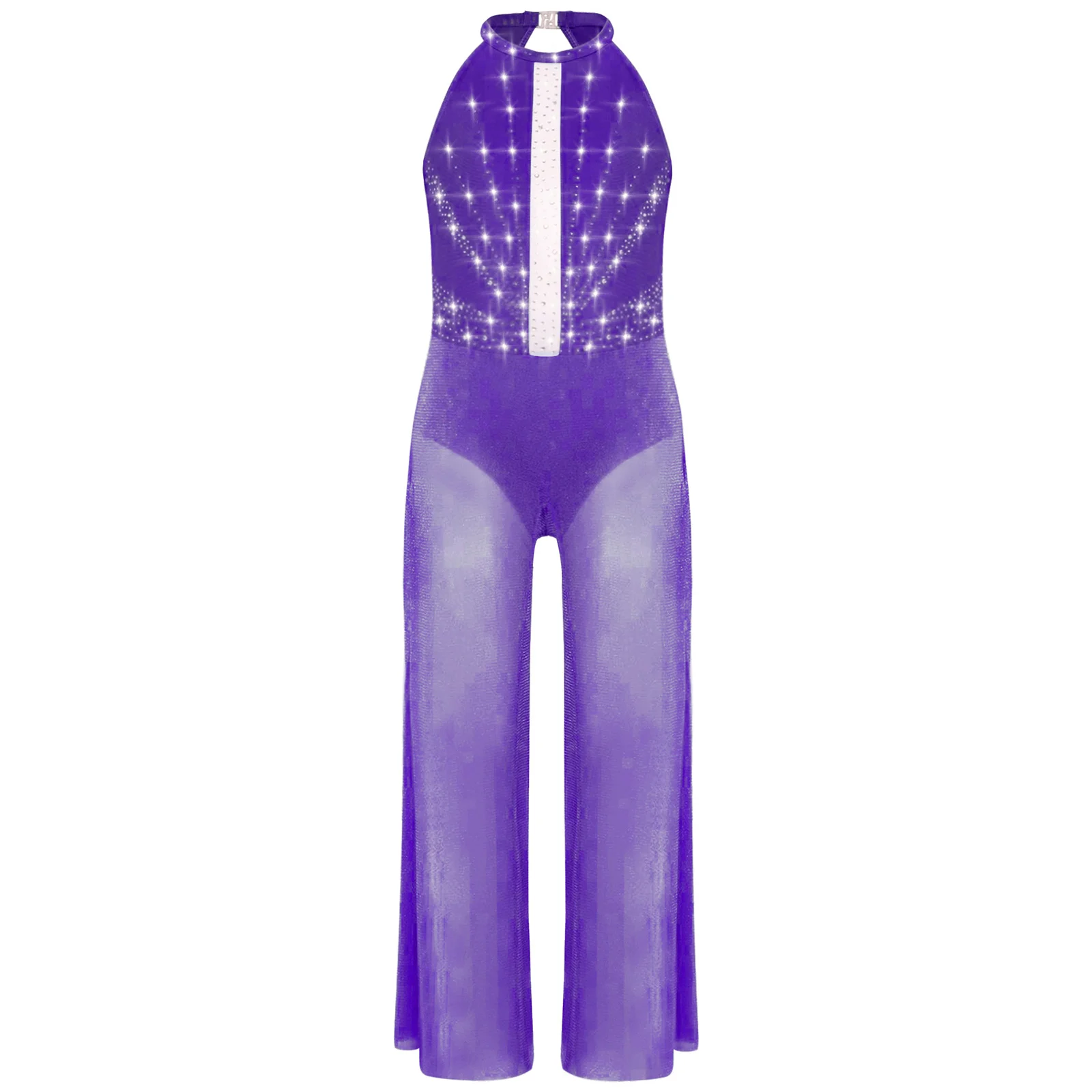 

Kids Girls Jazz Dance Jumpsuit Figure Skating Gymnastics Leotard Sleeveless Rhinestones Mesh Split Bodysuit with Built-in Briefs