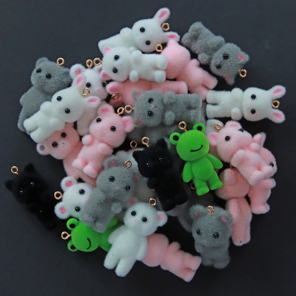 

30Pcs 3D Cute Cat Bear Frog Mouse Charms Flocked Cartoon Resin Pendant Earring Keychain Accessories for DIY Crafts Jewelry Make