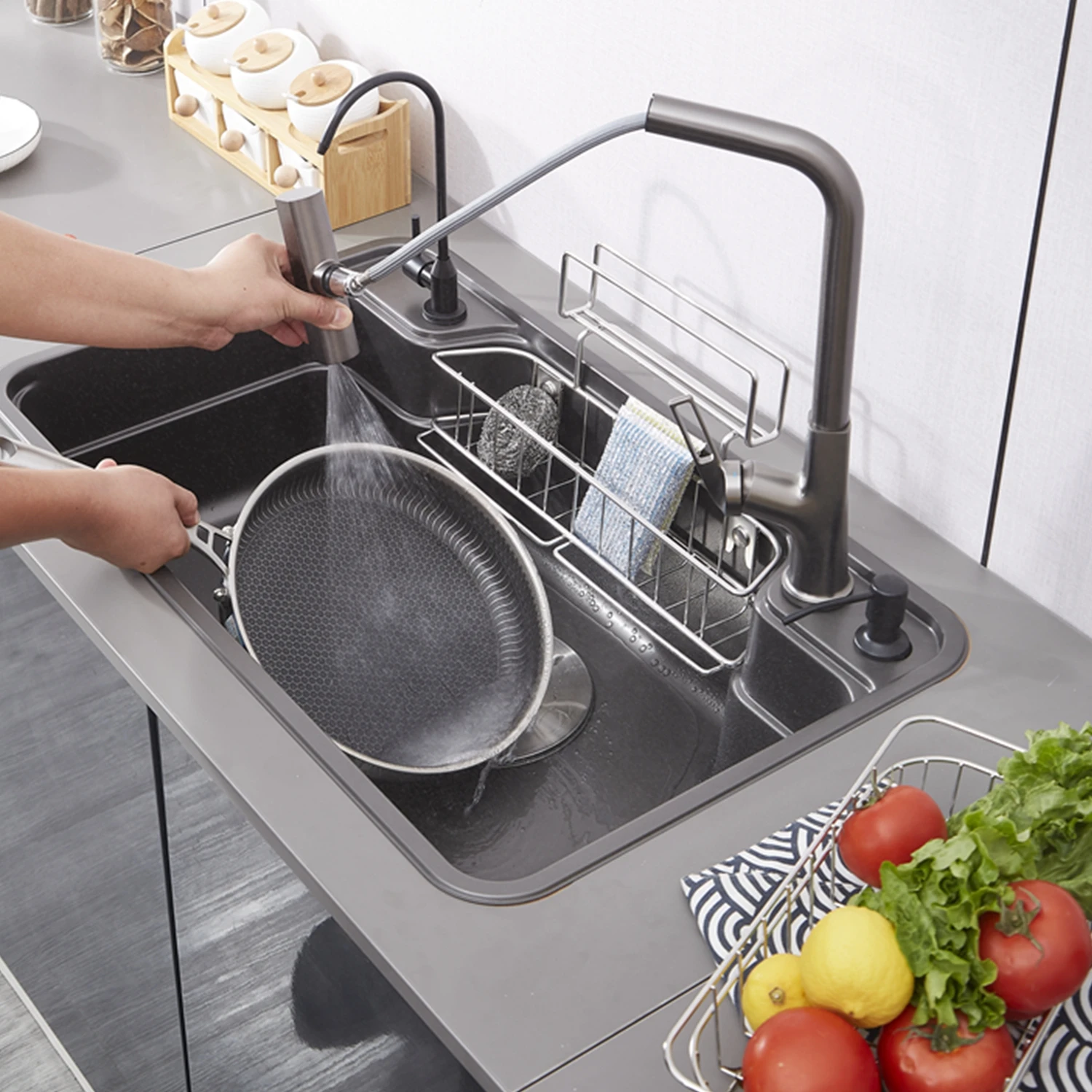 Kitchen Sinks Drop in Gray Japanese-Style Sink Single Bowl Sink with Hanging Basket, 304 Stainless Steel Sink Workstation