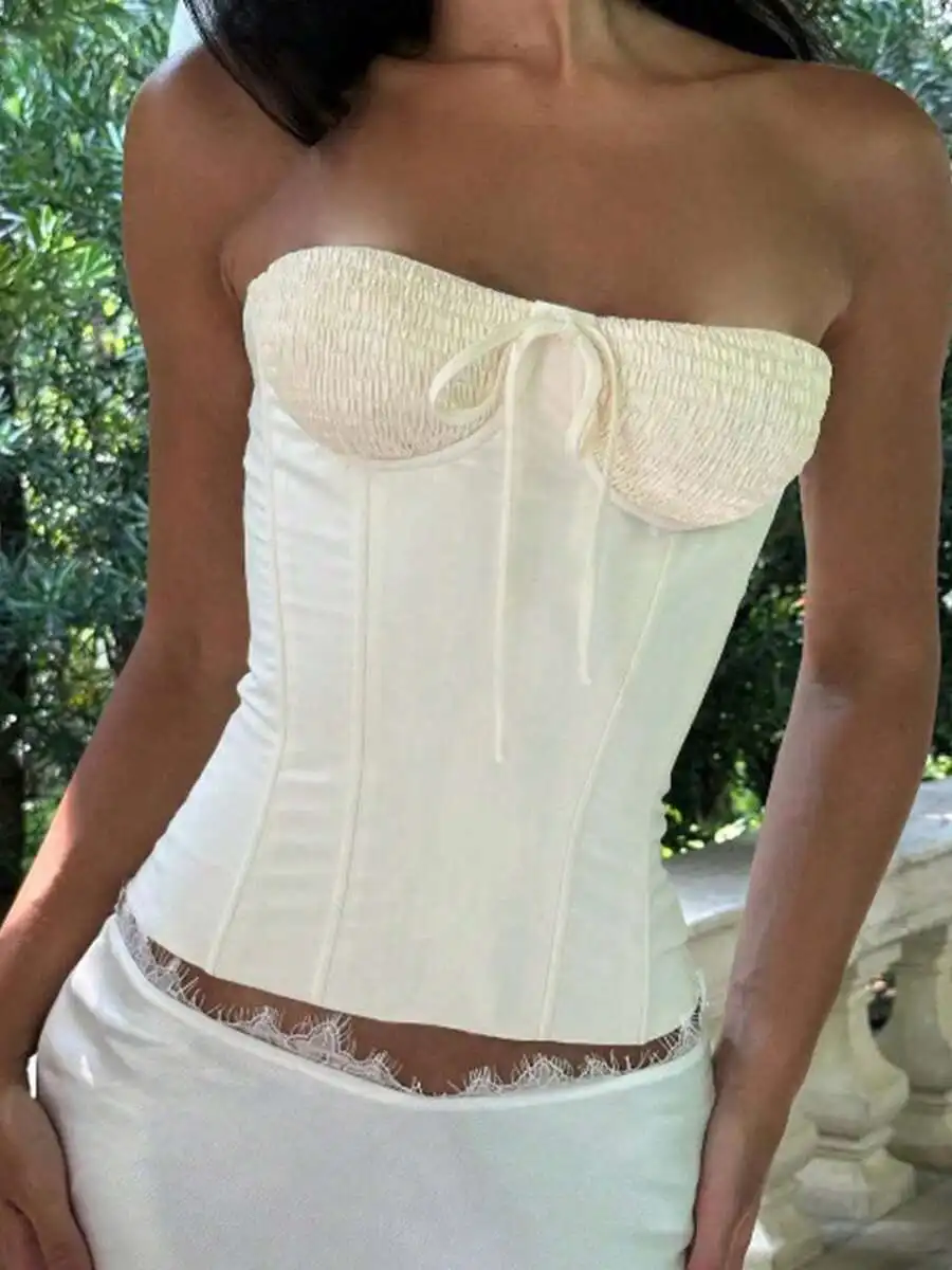 

Women Smocked Strapless Bustier Corset Top With Bow Tie Front Slim Fit Sleeveless Summer Party Top