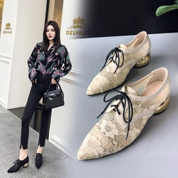 2024 Spring/Summer Women's New Pointed Mesh Hollow Leather Cowhide Gold Middle Heel Strap Breathable Single Shoes