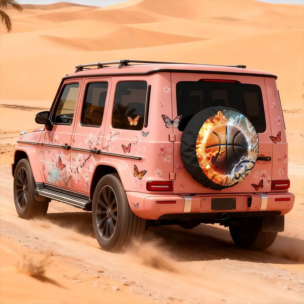 

Fire Water Basketball Tire Cover Sporty SUV Wheel Protector Durable Off-Road Spare Tire Cover