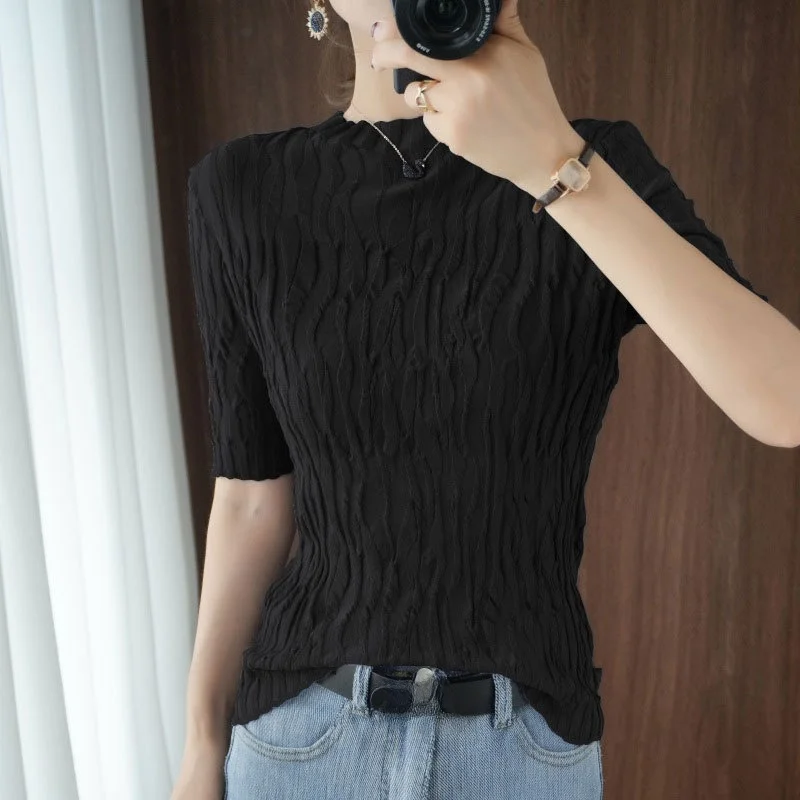 

00% Cotton Pleated ort Sve T-irt Women's f High Ne Casual Sle Pure Color Spring Faion ort Sve Top