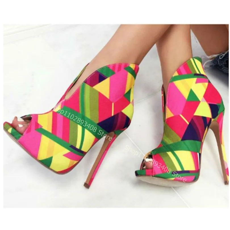 Mixed Color Geometric Print Sandals Boots  Peep Toe Slip on Thin High Heels Women Summer Shoes Sexy Shoes Zapatillas Mujer