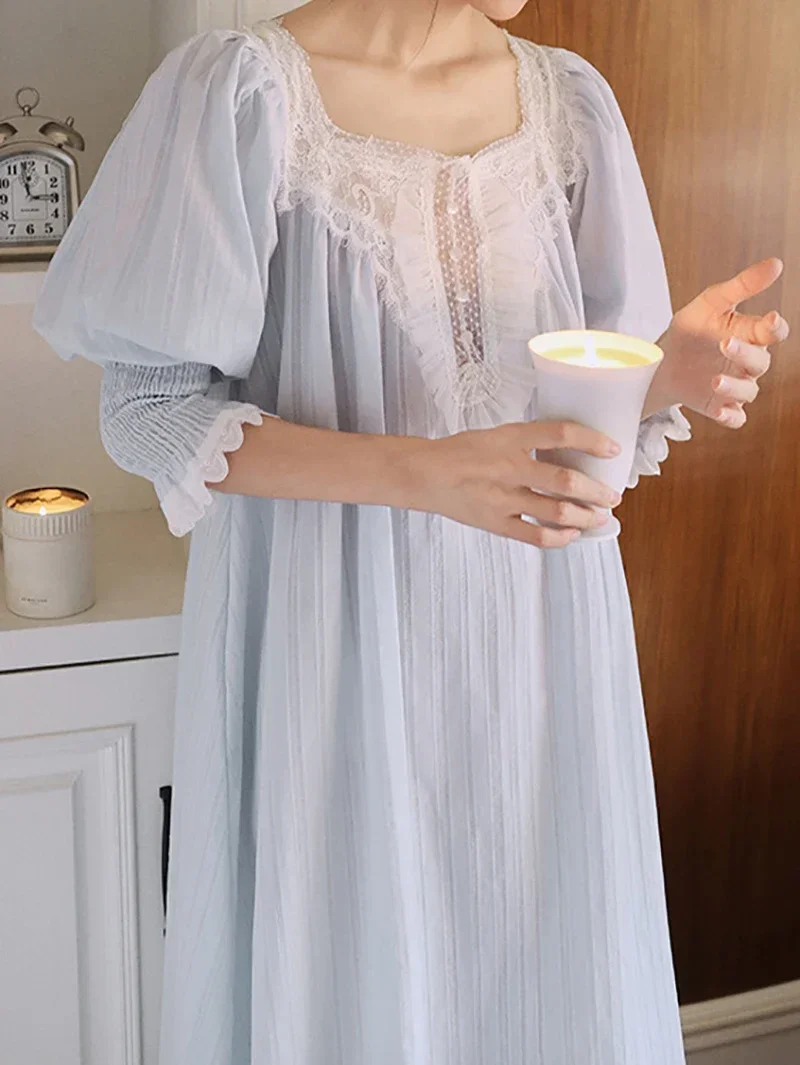 Women Pure Cotton French Fairy Pajama Nightdress Vintage Princess Long Sleeve Mesh Spring Autumn Victorian Nightgowns Sleepwear