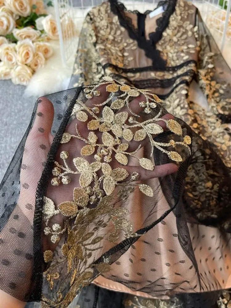 New Fashion Ladies Embroidered Flower Dress Women V Neck Half Sleeve Elegant Vintage Dot Mesh Patchwork Lace Long Vestidos