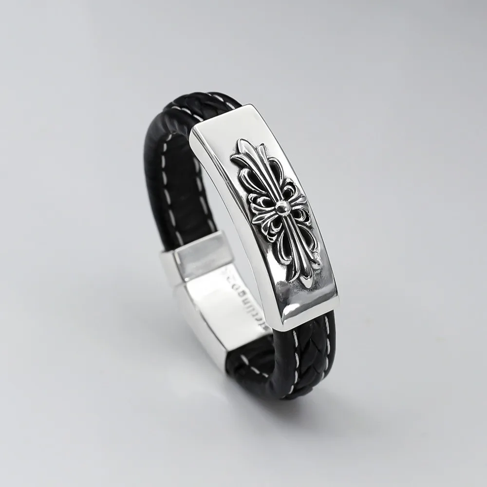 Bracciale in pelle CH bracciale coppia uomo e donna Vintage retrò in argento tailandese personalizzato con corda a mano incrociata