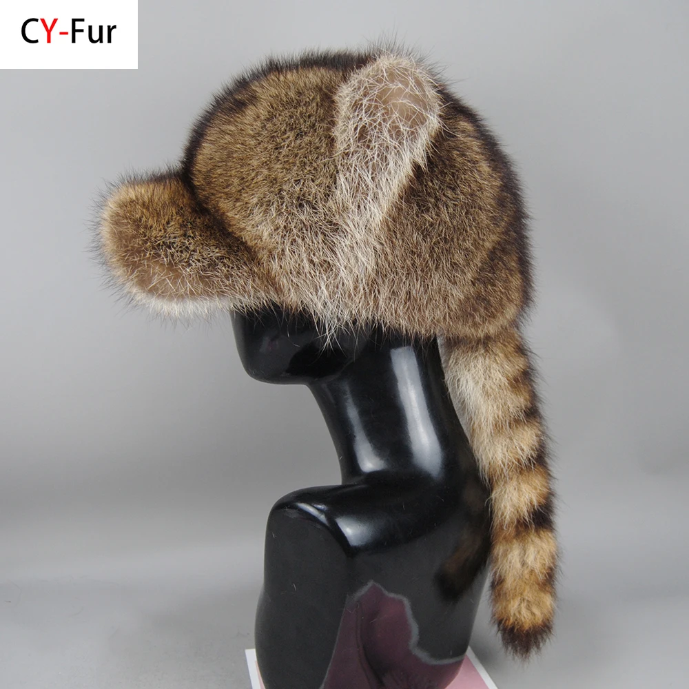 New Style Brand Women Winter Elegant Stylish Thick Warm Caps Lady Natural Raccoon Fur Hat Brim Baseball Cap Raccoon Fur Tail