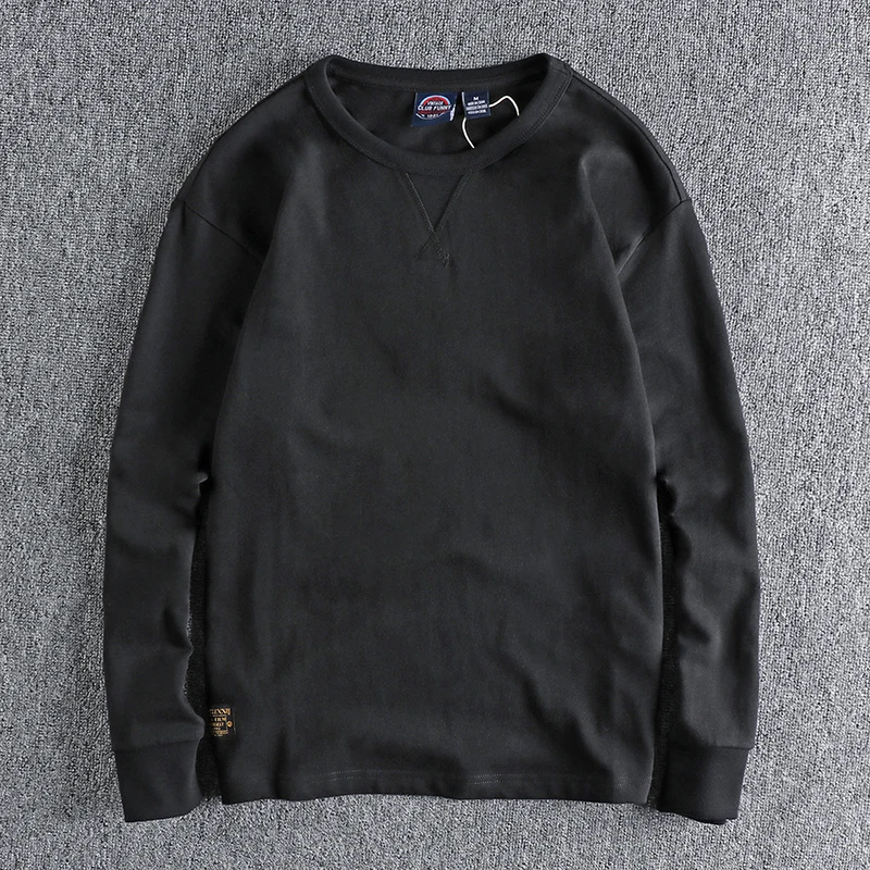 

Pure Cotton Long Sleeve T-Shirt 280G Double Gauze Soft Feel round Neck Men's Simple Retro Color Trendy Youth Base Layer