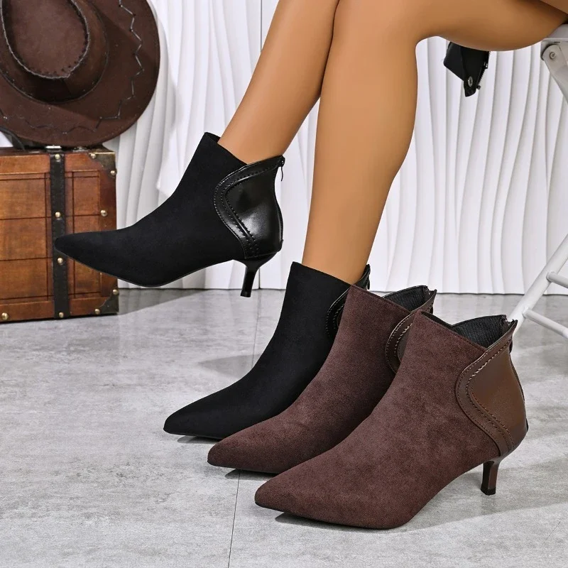 *New Comfortable Suede Workplace Modern High Heels Fashionable Versatile Slimming Back Zipper Pointed Thin Heel Women's Boots
