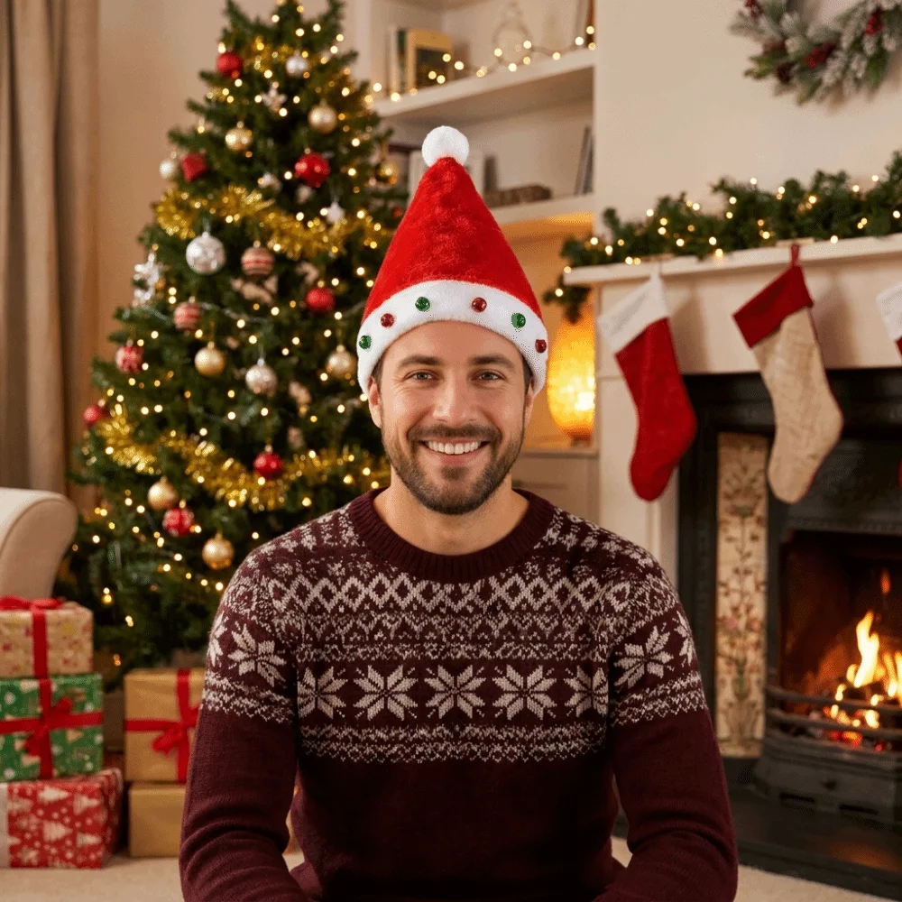 Multi Colored Red Christmas Hat Funny with Sewn Bells Fur Xmas Cap Interactive Design Lightweight Santa Hat Holiday Headwear