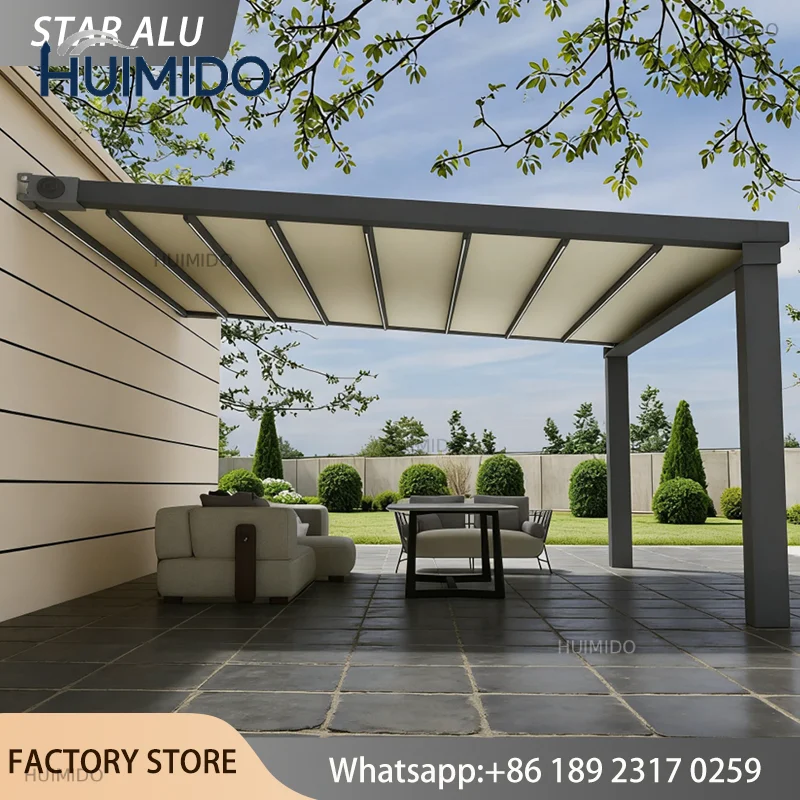 Heavy Duty Motorized Pergola PVC Retractable Canopy Electric Foldable Awning Roof Waterproof Sunshade Commercial Outdoor Tent