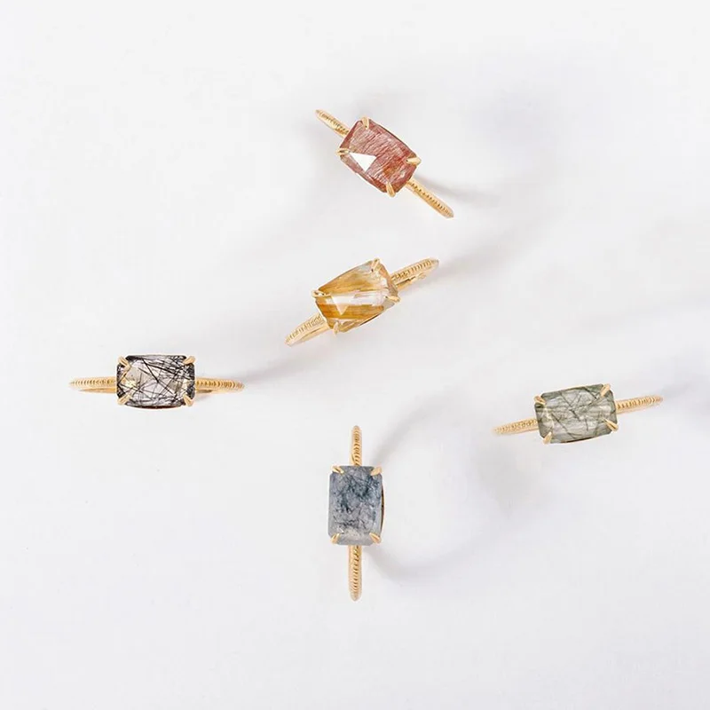 LAMOON Natural Rutilated Quartz Ring For Women Gemstone Rings 925 Silver 14K Light Gold Plated Fine Jewelry Simple Style LMRI155