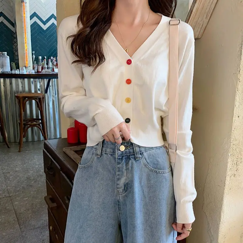 

Spring Autumn 2025 New Slim V-neck Cardigan Sweater Thin White Long-sleeved Women's Jacket Top