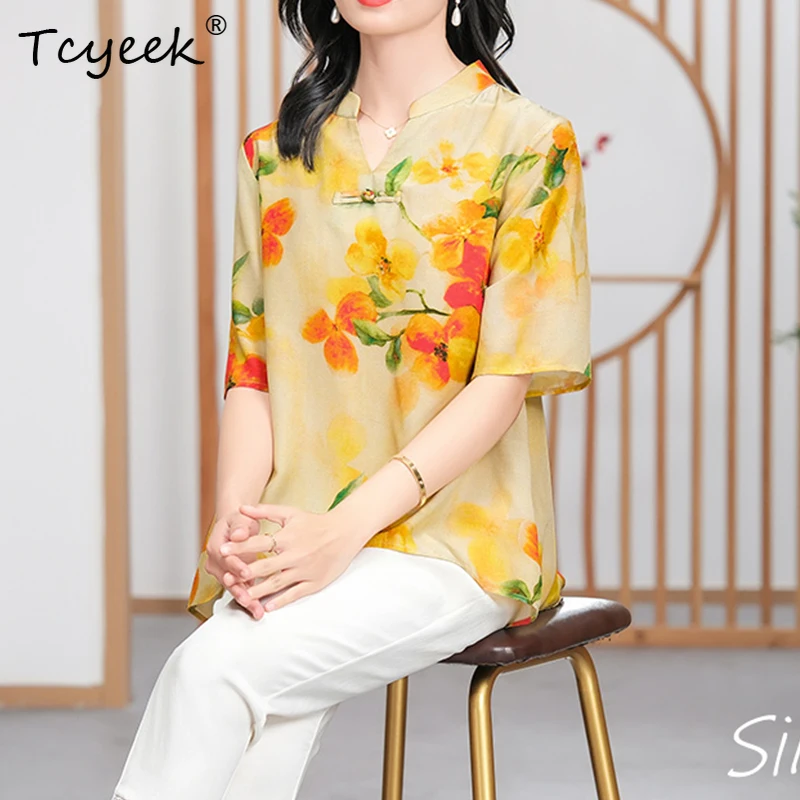 

Tcyeek 100%Real Silk Plus Size T-Shirt Women,V-Neck Short Sleeves Floral,Versatile Temperament Top,2024 Spring New T42316QD