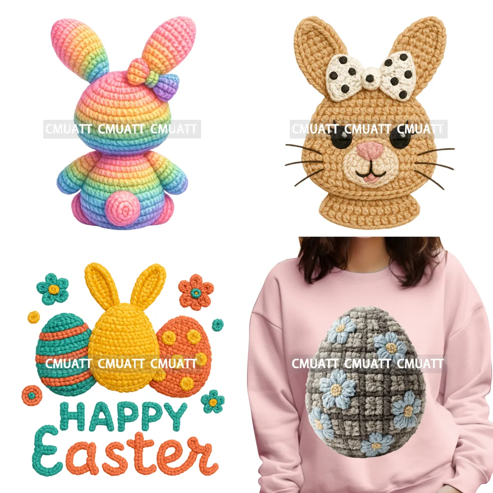 

Faux Yarn Happy Easter Floral Bunny Rabbit Girl Coquette Iron on Washable DTF Heat Transfers Stickers Ready to Press for Hoodies