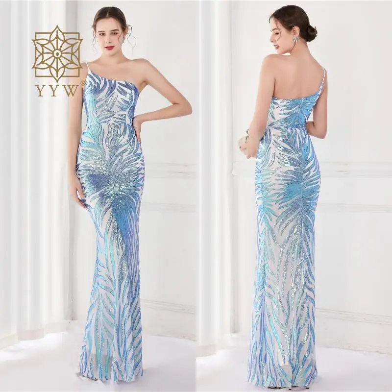 Shines Evening Dress for Women Crystal Mermaid Party Long Dress Luxury One Shoulder Strap Guest Ball Gown Blue Elegant Banquet