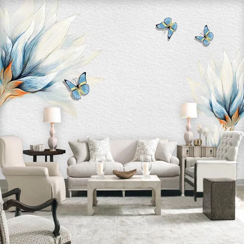 Customized Modern Simple Blue Flowers Butterfly Oil Painting Mural Wallpaper Living Room TV Sofa Background bedroom restaurant