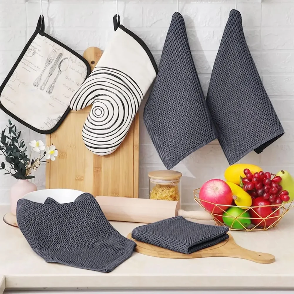 Easy Storage Tea Towels Set 34 X 34 Cm Cotton Tea Towels Versatile Use Waffle Pattern Design Convenient Hanger