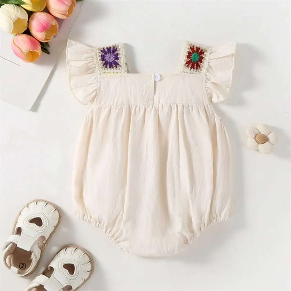 New Ruffle Sleeveless Girl Romper Crochet Floral Square Neck Onesie Bubble Romper Boho Outfit Infant Bodysuit Summer Clothes