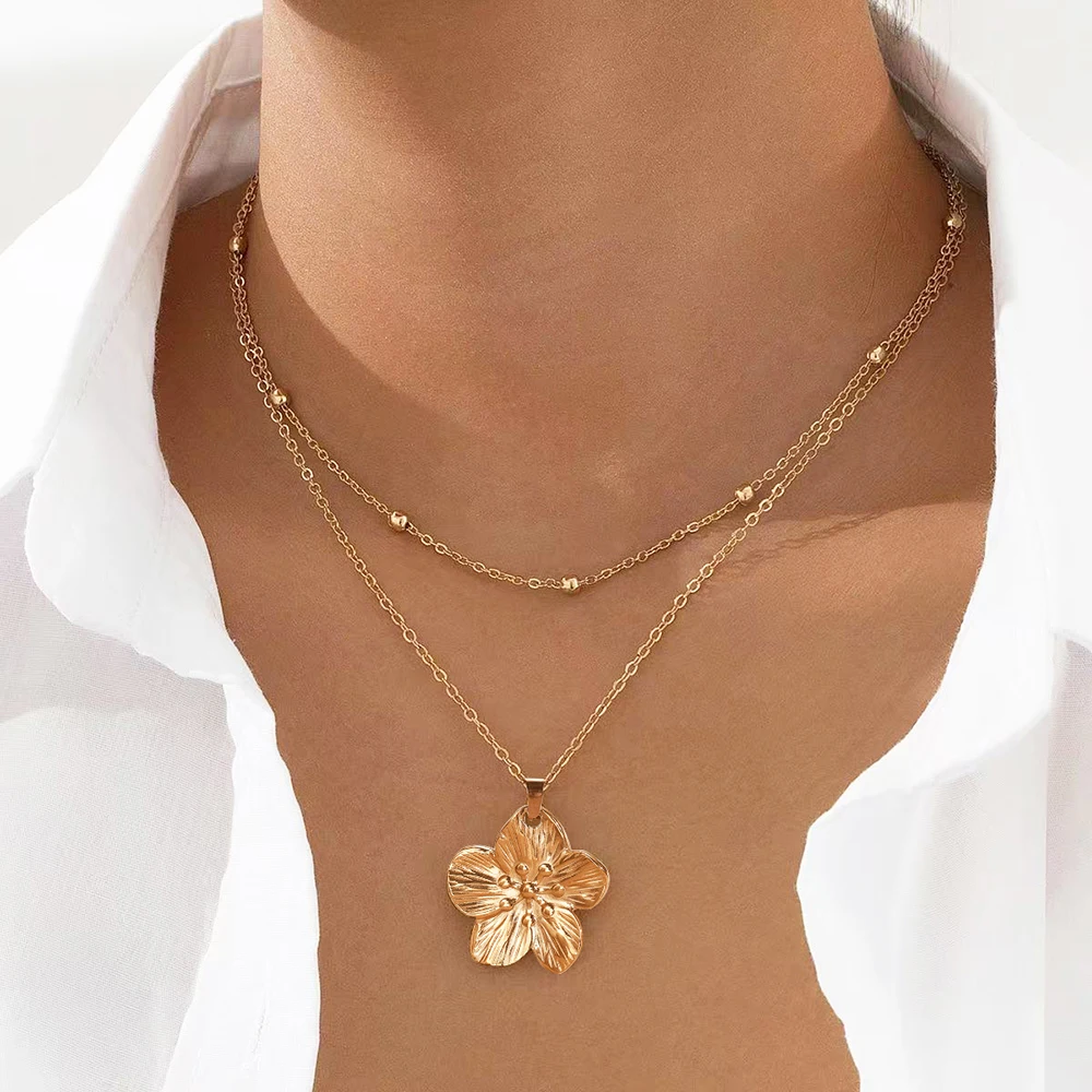 

DOTIFI Vintage Stainless Steel Large Flower Pendant Necklace Female Geometric Texture Double Layered Stacking Necklace Jewelry