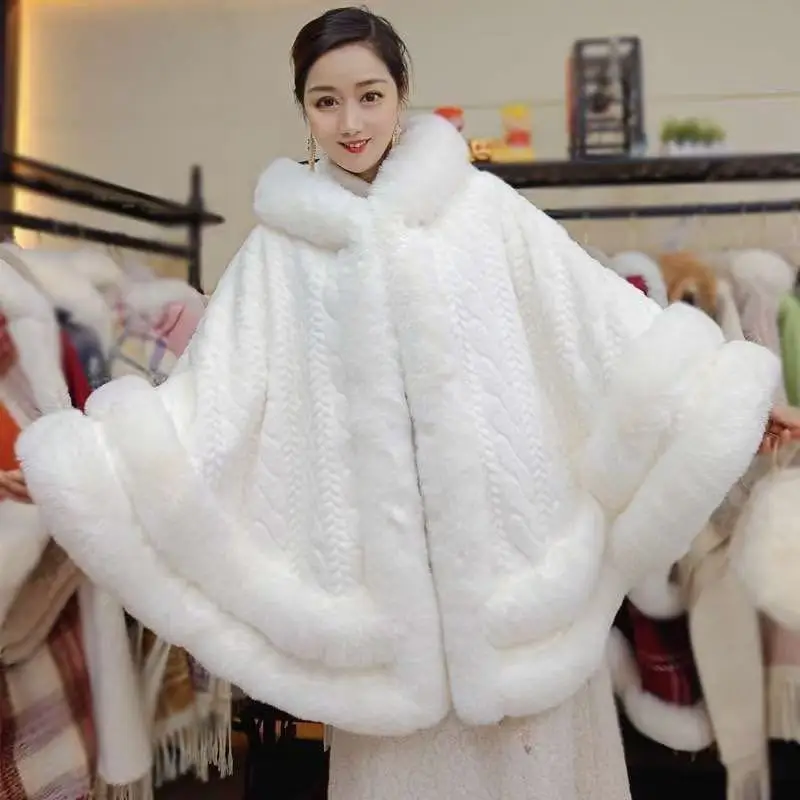 2025 Women's Hooded Cloak Artificial Rabbit Fur Shawl Autumn Winter Thicken Plush Collar Cape with Hat Light Luxury Fashion Coat