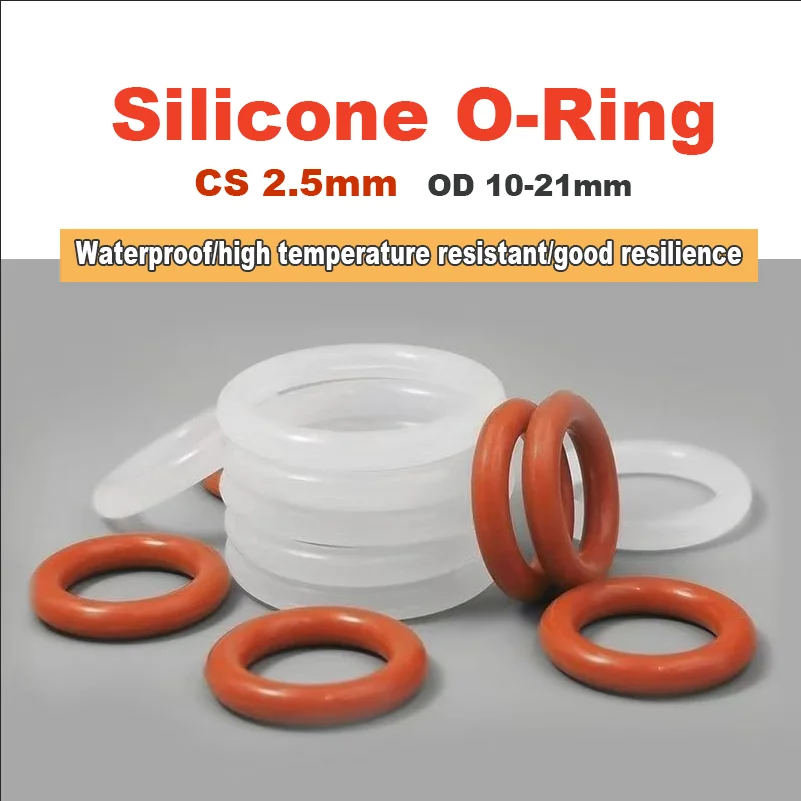 100Pcs CS 2.5mm Silicone O-Ring OD10-21mmOil Seal High-Temperature Resistant Sealing Waterproof/shock-Absorbing Gasket Red/white