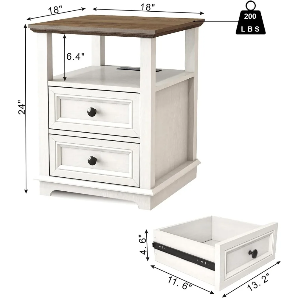 24” Tall Nightstand with Charging Station Set of 2, Fast Charge End Table Set of 2, Large 18” Bedside Table with Drawers, Storag