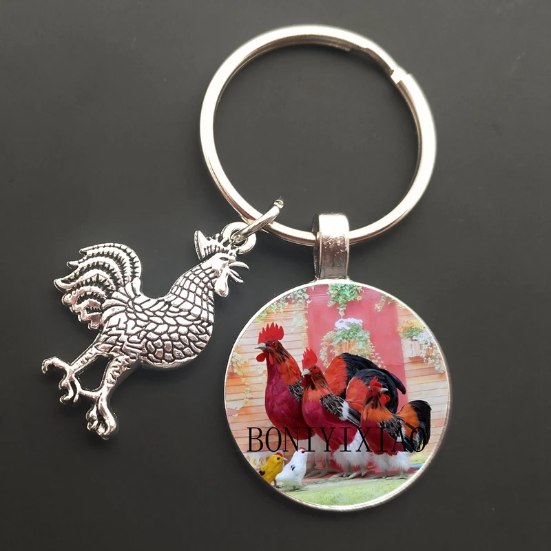 Floral Chicken Rooster Glass Cabochon Keychain Cute Chicken Glass Key Ring Lovely Animal Cock Purse Bag Key Holder for Women