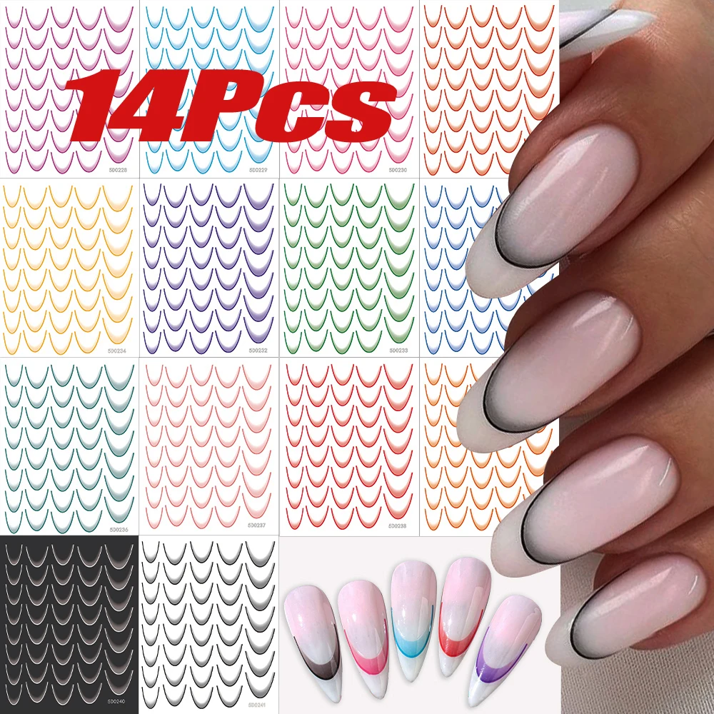 14 stks/set Franse Lijn Kleurverloop Nagelsticker 5D Roze/Blauw/Paars/Wit Golflijn Decal Zelfklevende Gradiënt Franse Slider