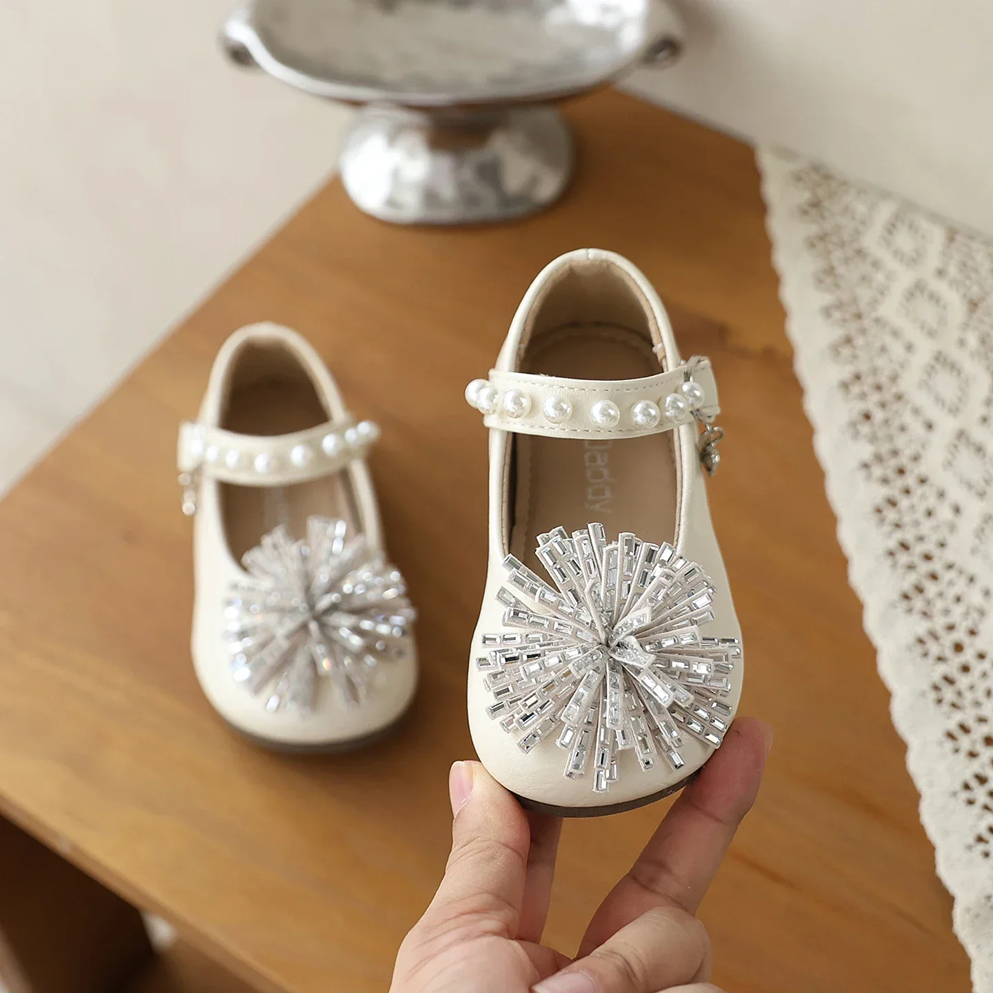 Toddler Little Girls Metallic Silver Mary Jane Flats Firework Rhinestone Cluster Decor Pearl Soft Sole Princess Dress Shoes Kids
