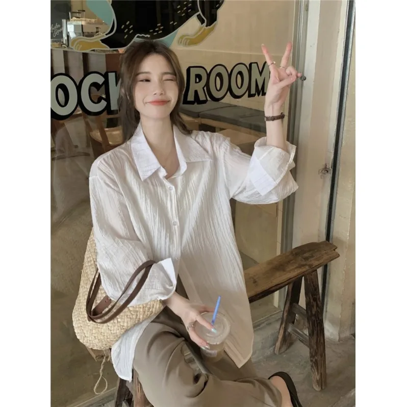 

Simple Color Long Sleeve Sun Protection Shirt Korean Loose Collar Commute Casual Versatile Women's Business Casual Shirt