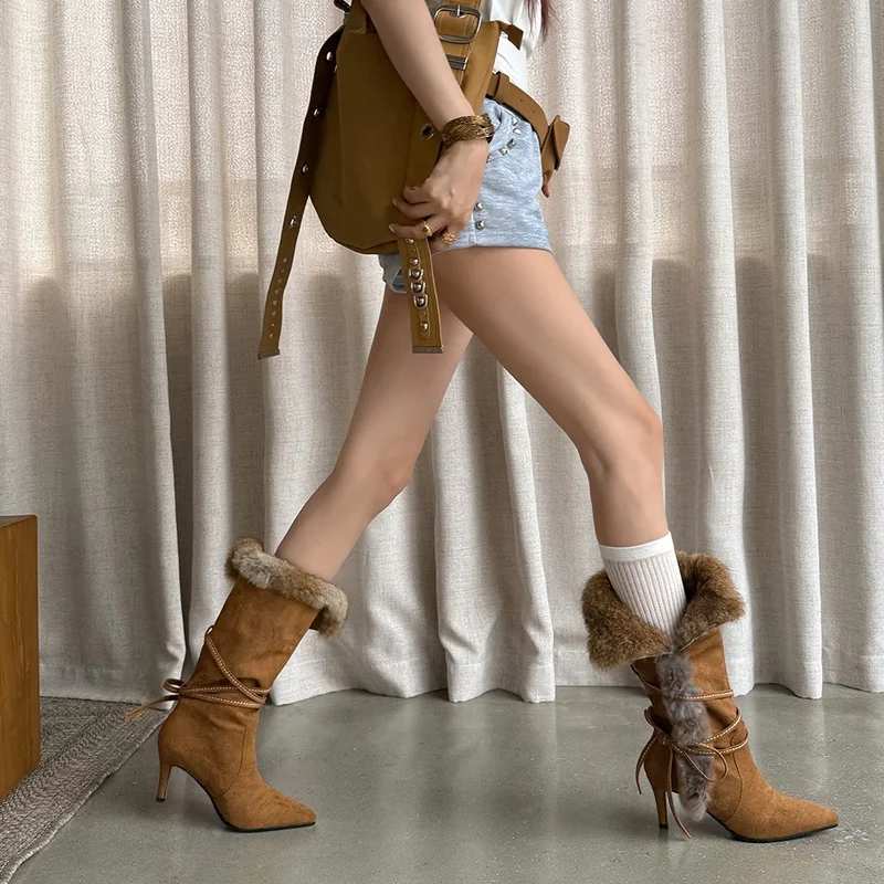 MKKHOU Fashion Short Boots Women's New High Quality Suede Boots Rabbit Hair Tip Head High Heels Winter Warm Calf Boots
