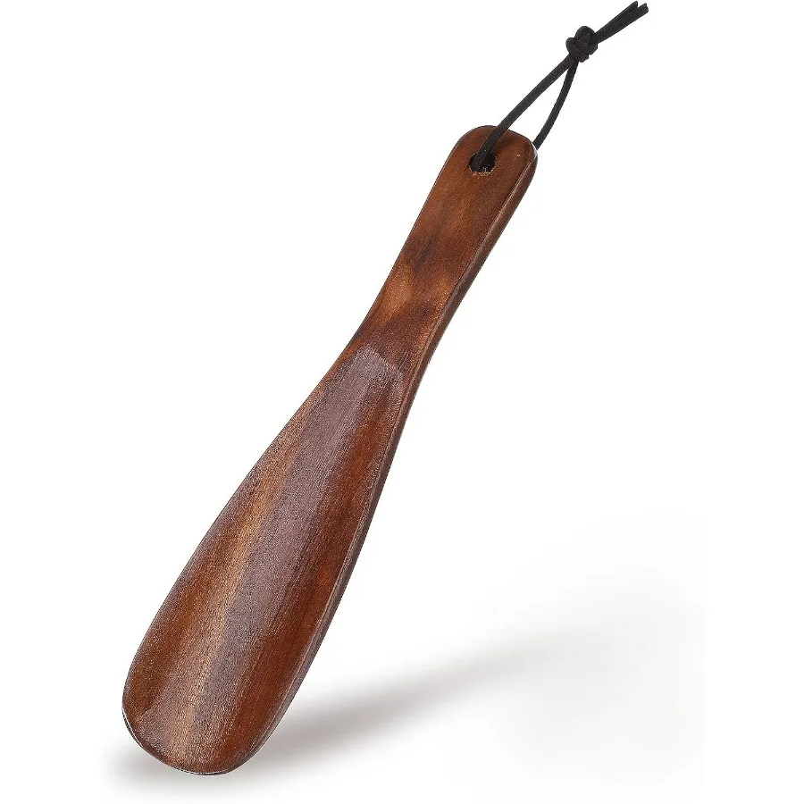 1Pc Wooden Short Handle Shoe Horn, Retro Design with Leather Lanyard, Shoes Helper for Seniors & Pregnant Women, Brown