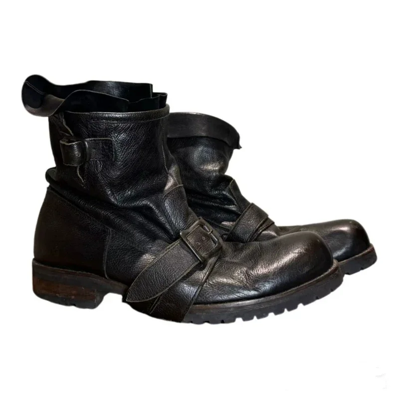 black With decoration Genuine Leather Vintage Motorcycle Boots, Thick soled soft leather work boots, Unisex Riding Footwear