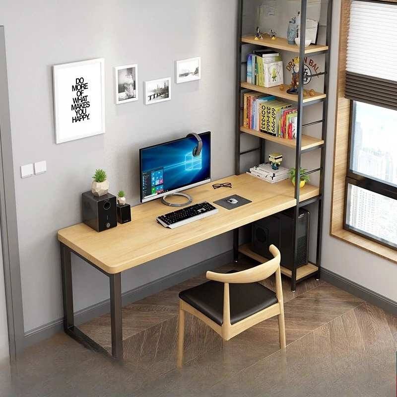 

Nordic solid wood computer desk desktop home bedroom bookshelf integrated writing simple study