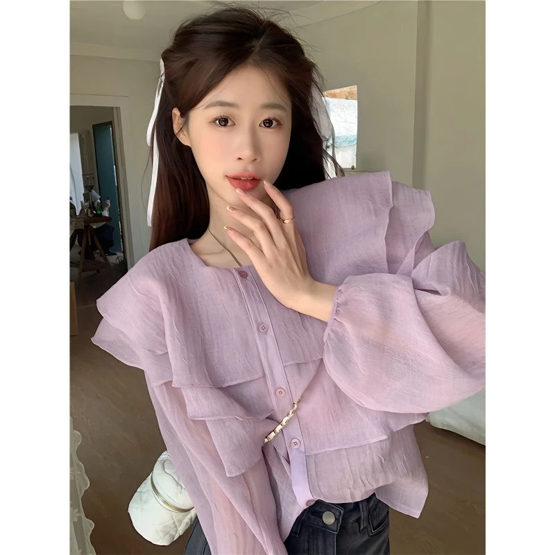 

Новая женская блузка Ele Purple Chiffon с кружевной отделкой и рукавами-фонариками, весна 2026, с круглым вырезом и длинными рукавами