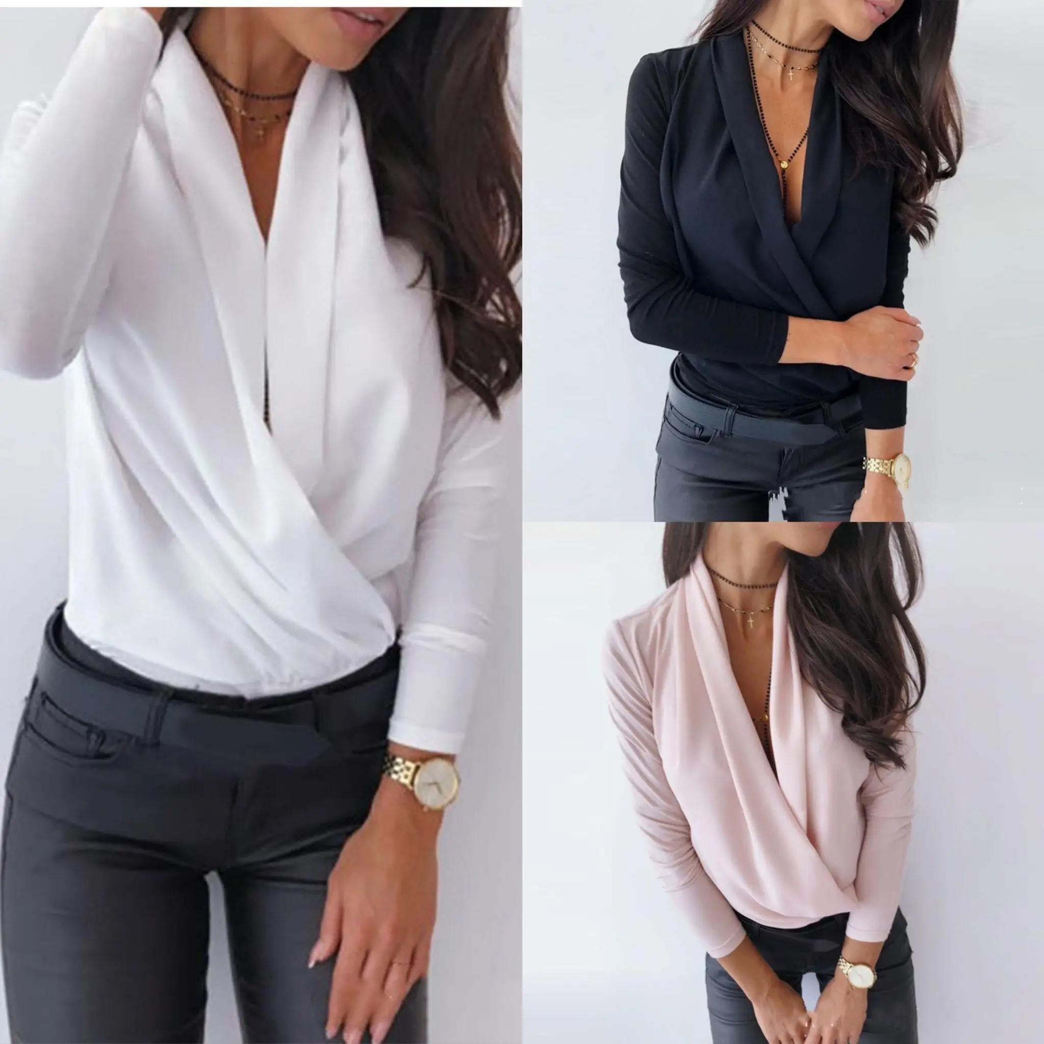 

Faionable Deep V Ne Long Sve Pure Color irt Женские модные уличные брюки Slim Fit с завязками Обычная длина