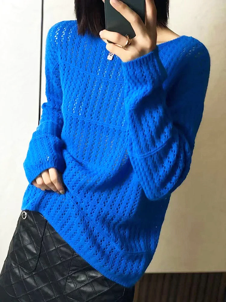 100% Pure Wool Sweater Women's Round Neck Cut-Out Thin Sweater Loose Knit Versatile Base Sweater New Style in Spring And Summer