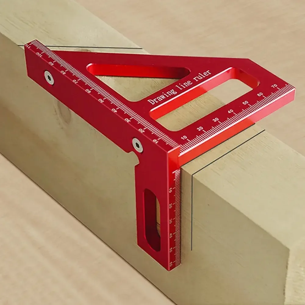 Aluminum Alloy Red Miter Triangle Ruler 45°/90° Woodworking Square Protractor - 3D Multi Angle Layout Measuring Tools