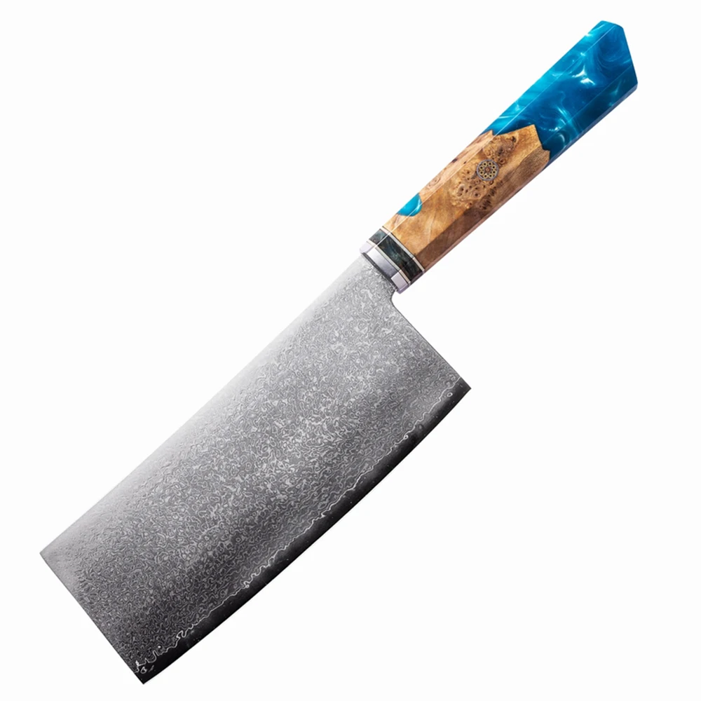 YAN Professional 7 inch Cleaver Knife Japanese Damascus VG10 Knife chef Kitchen Knife Octagonal Maple Burl Wood Composited Resin
