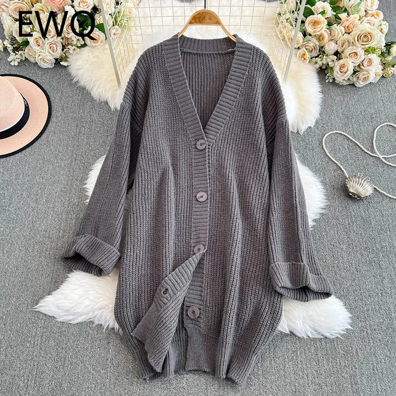 

EWQ Versatile Single Breasted Knitted Sweater For Women V-neck Solid Loose Casual Long Coat Clothing 2024 Autumn New 27X1219