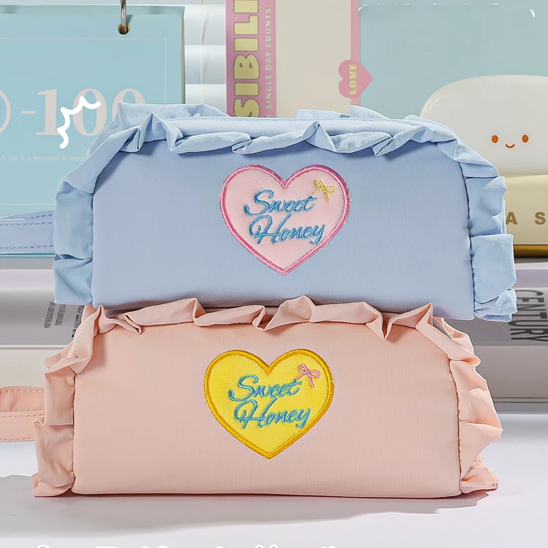 Pastel Cute Embroidered Heart Pencil Pouch Ruffle Edge Portable Handheld Pen Case Large Storage for Kids Art Class