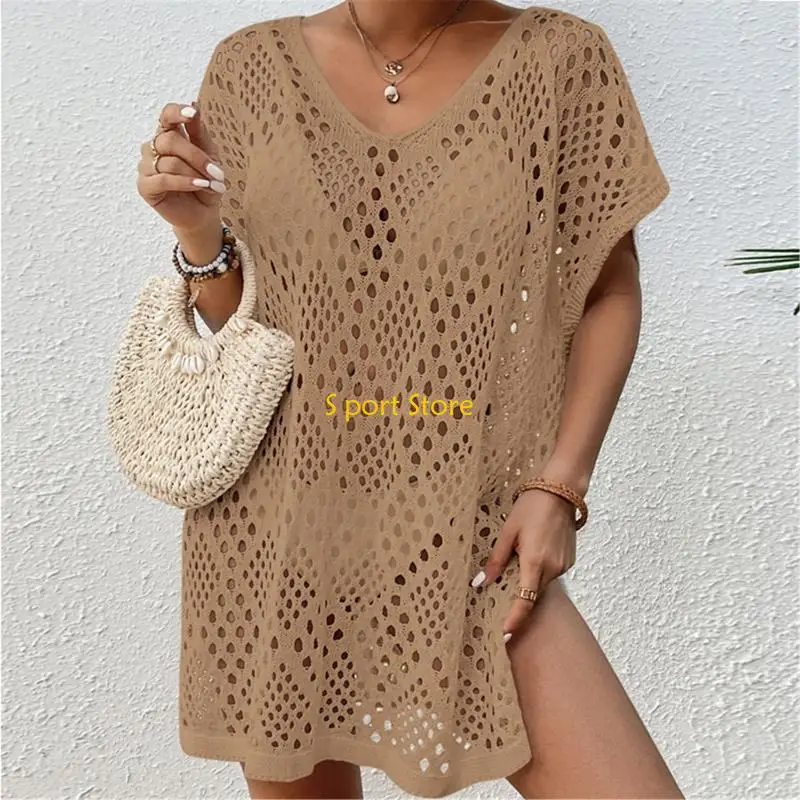 U2JB Costume da bagno donna sexy con scollo a V e manica corta, abito corto da spiaggia all'uncinetto, costume da bagno