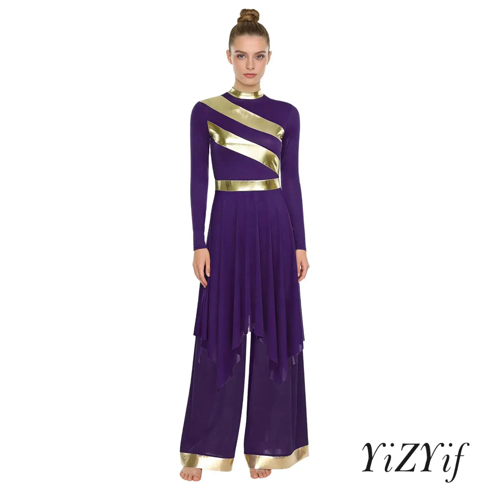 

Женский комплект из двух предметов, танцевальный костюм для поклонения, платье-туника с длинными рукавами и неровным подолом, брюки с широкими штанинами, лирическая современная танцевальная одежда