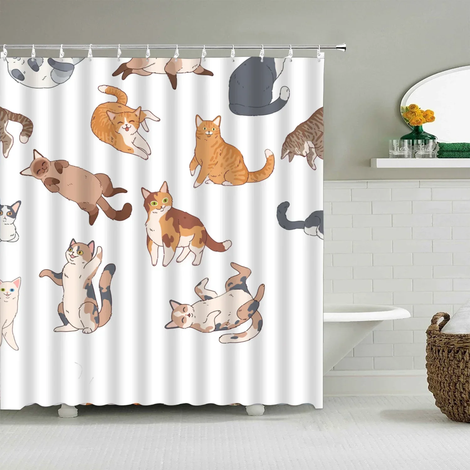 Cartoon Animal Shower Curtain, Cute In Water Cat Dog, Kids Boys Girls Polyester Fabric Bathtub Partition Bathroom Decoration