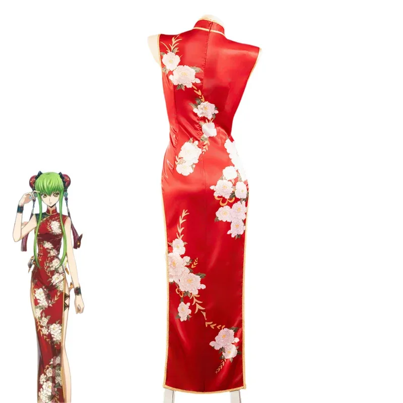2025 aaa 애니메이션 코드 기어스 리유치의 반역 C.C. 코스프레 의상 중국 스타일 레드 치파오 드레스 가발 여성 섹시 크리스마스