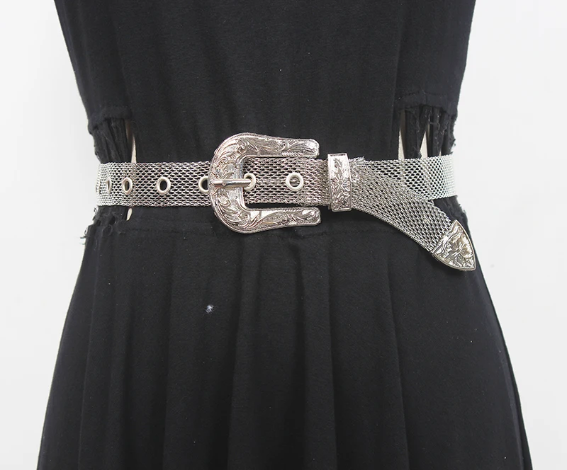 Women's Runway Fashion Metal Knitted Cummerbunds Female Dress Corsets Waistband Belts Decoration Narrow Belt R730